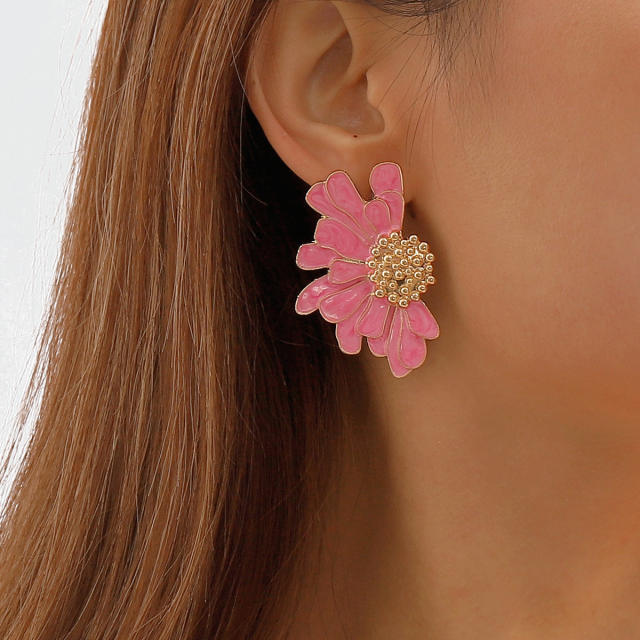 Popular color enamel flower petal alloy studs earrings
