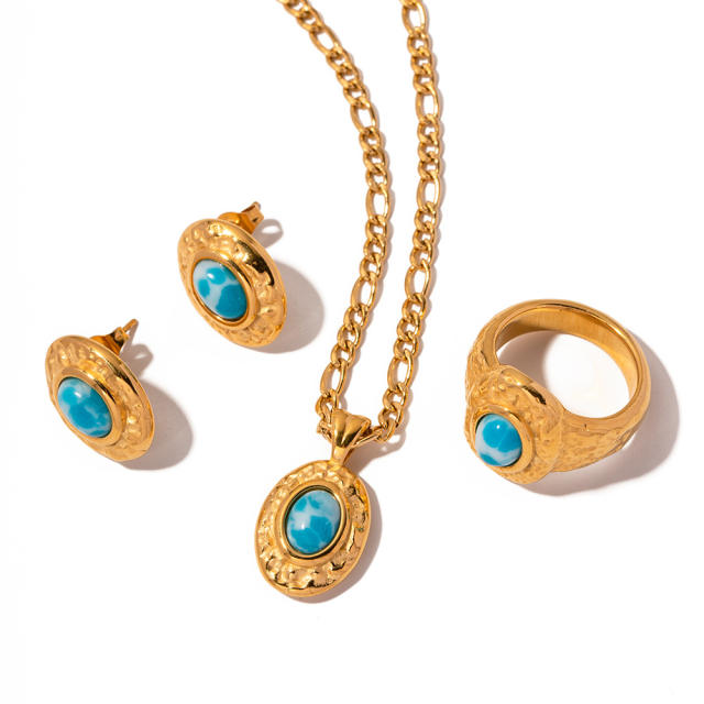 18KG blue crystal stone statement vintage stainless steel necklace set