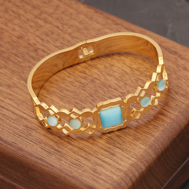 Vintage opal stone statement stainless steel bangle bracelet