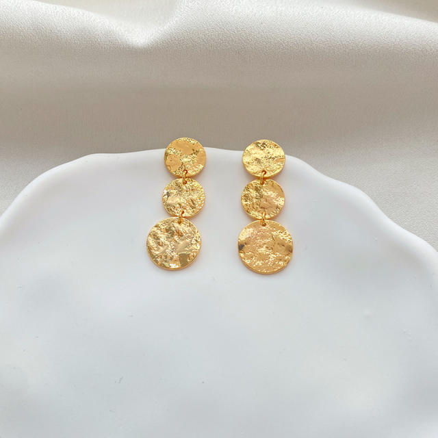 925 needle real gold plated copper round piece dangle earrings