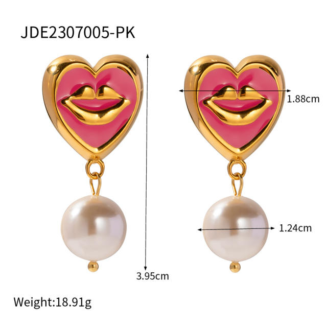 Sweet water pearl drop enamel heart stainless steel necklace earring set