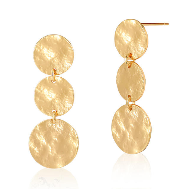 925 needle real gold plated copper round piece dangle earrings