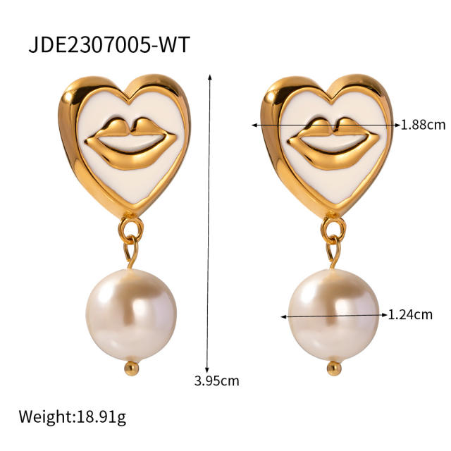 Sweet water pearl drop enamel heart stainless steel necklace earring set