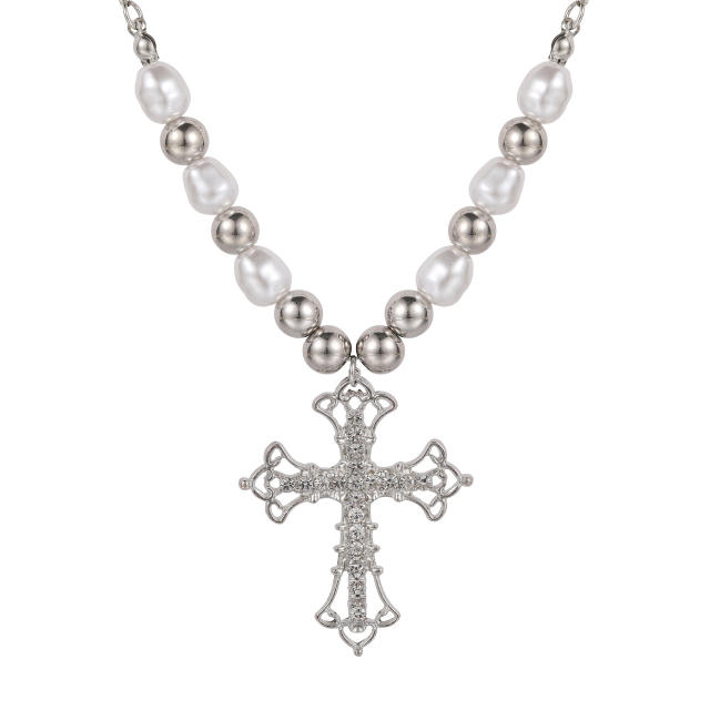 Y2K diamond cross pendant choker necklace