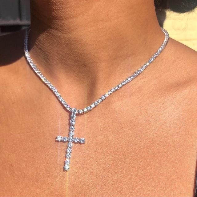 Y2K diamond cross pendant choker necklace