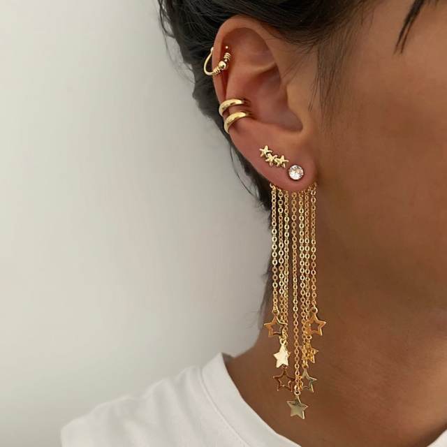 Creative chain tassel star ear cuff earings set