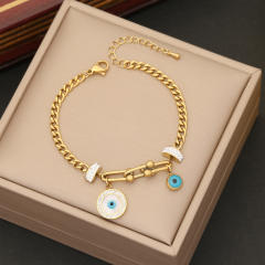 Personality diamond clover evil eye hasma hand charm stainless steel chain bracelet