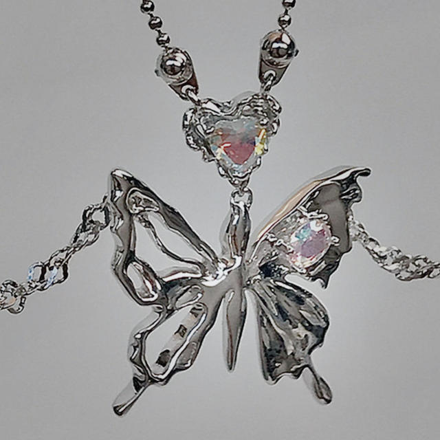 Delicate silver color Y2K hot sale butterfly two layer necklace