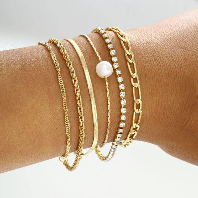 6pcs imiation pearl metal rope chain layer bracelet set