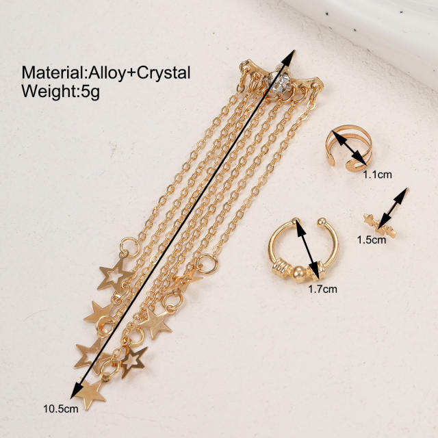 Creative chain tassel star ear cuff earings set