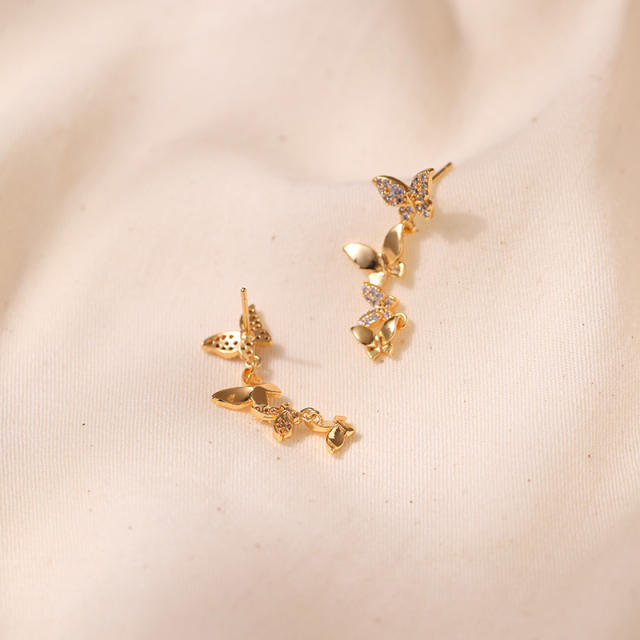 925 needle delicate diamond butterfly gold plated copper earrings