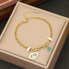 Personality diamond clover evil eye hasma hand charm stainless steel chain bracelet