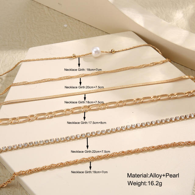 6pcs imiation pearl metal rope chain layer bracelet set