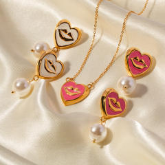 Sweet water pearl drop enamel heart stainless steel necklace earring set