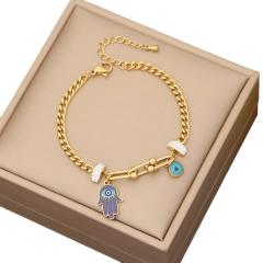 Personality diamond clover evil eye hasma hand charm stainless steel chain bracelet