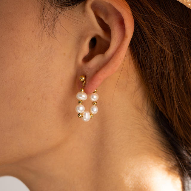 16K gold plated water pearl bead stainless steel earrings