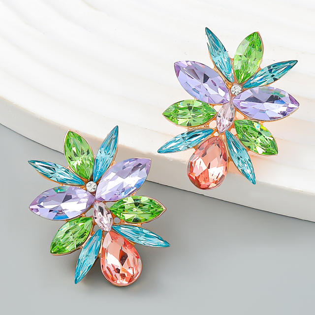 Luxury color glass crystal statement flower studs earrings