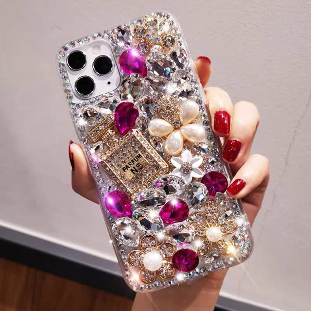 Colorful glass crystal pearl flower perfume bottle diamond phone case