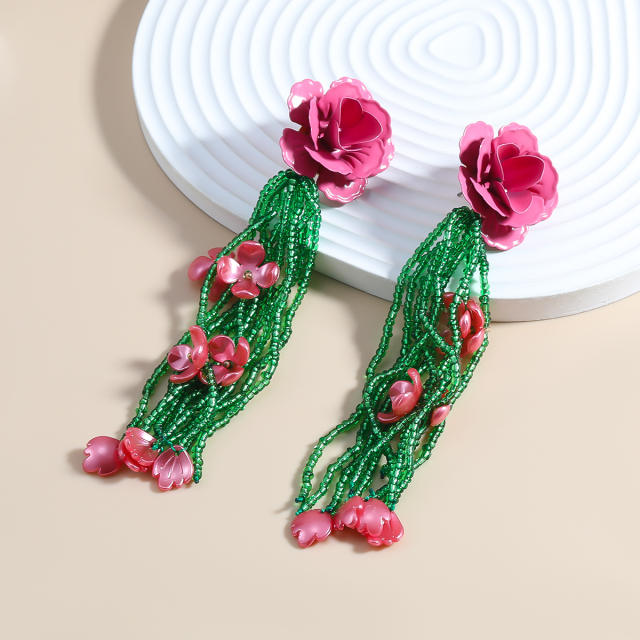 Boho painting pink flower bead tassel women earrings