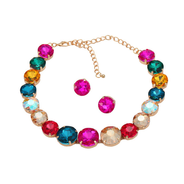 Chunky round shape glass crystal statement prom party necklace set