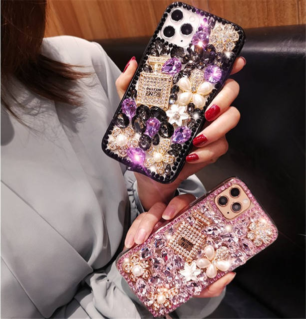 Colorful glass crystal pearl flower perfume bottle diamond phone case
