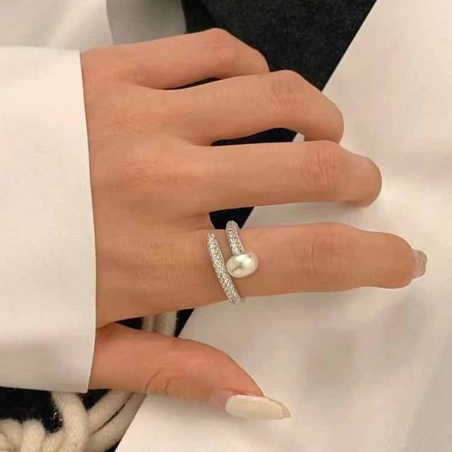 INS pave setting rhinestone pearl nail shape finger rings