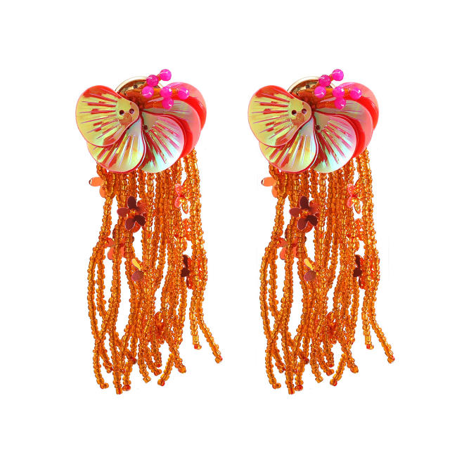 Boho colorful flower bead tassel women holiday earrings