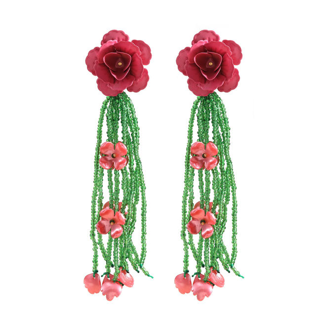 Boho painting pink flower bead tassel women earrings