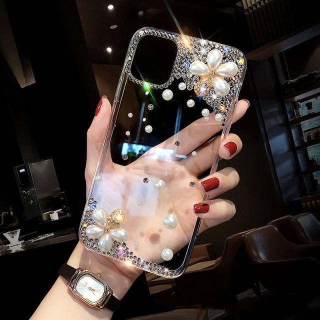 Creative clear diamond pearl flower phone case