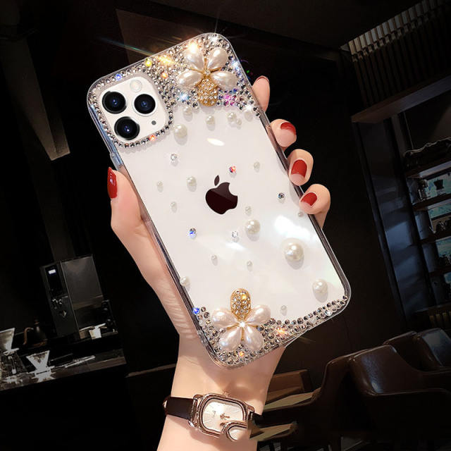 Creative clear diamond pearl flower phone case