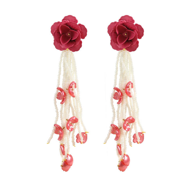 Boho painting pink flower bead tassel women earrings