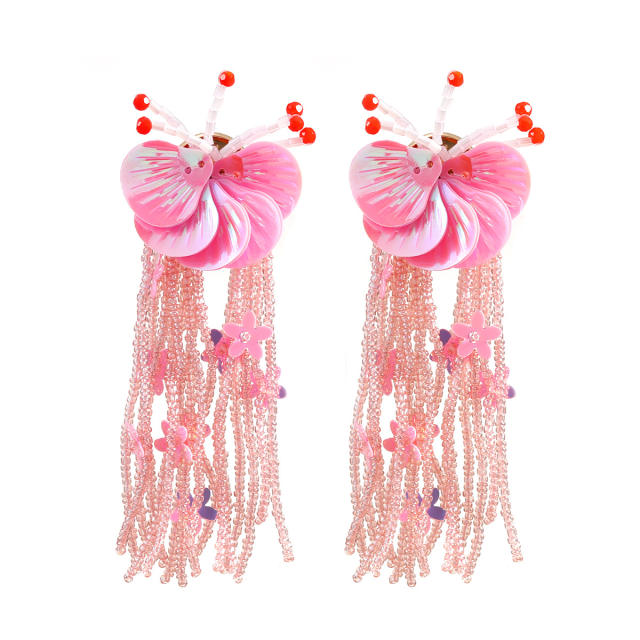 Boho colorful flower bead tassel women holiday earrings