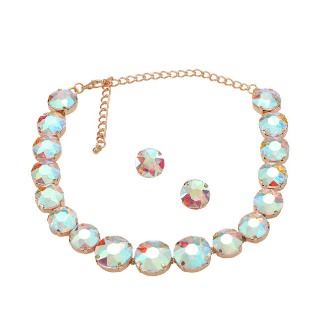 Chunky round shape glass crystal statement prom party necklace set