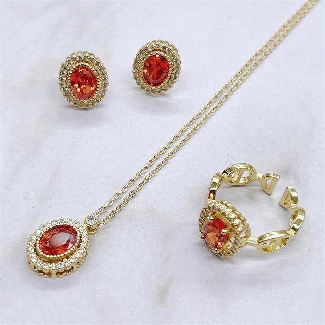 Delicate oval shape sweet orange crystal stone dainty necklace set