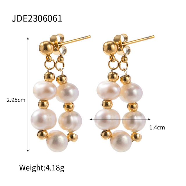 16K gold plated water pearl bead stainless steel earrings