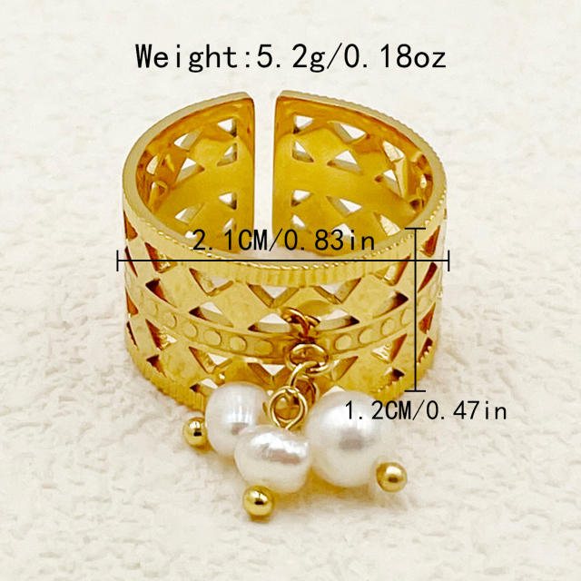 Vintage hollow out pearl charm stainless steel rings