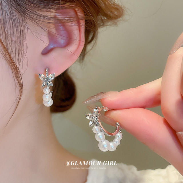Elegant pearl bead diamond butterfly small hoop earrings
