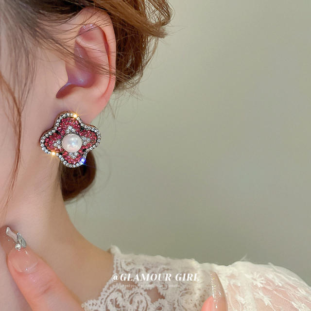 Chic rose red rhinestone statement pearl studs earrings