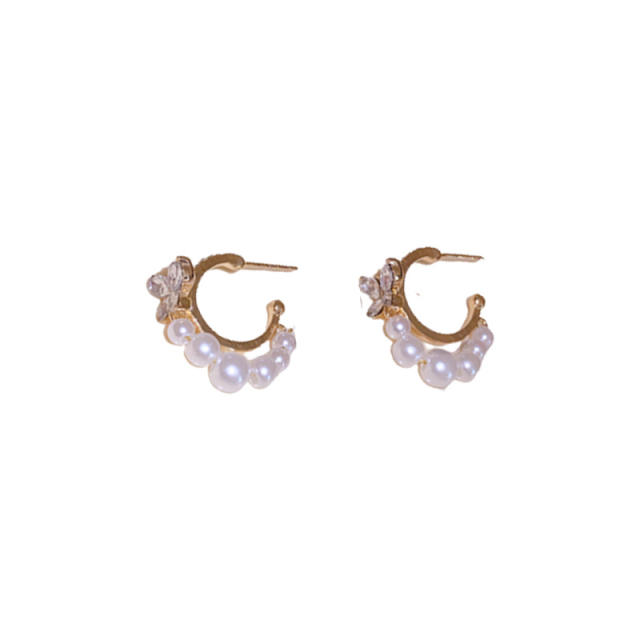 Elegant pearl bead diamond butterfly small hoop earrings