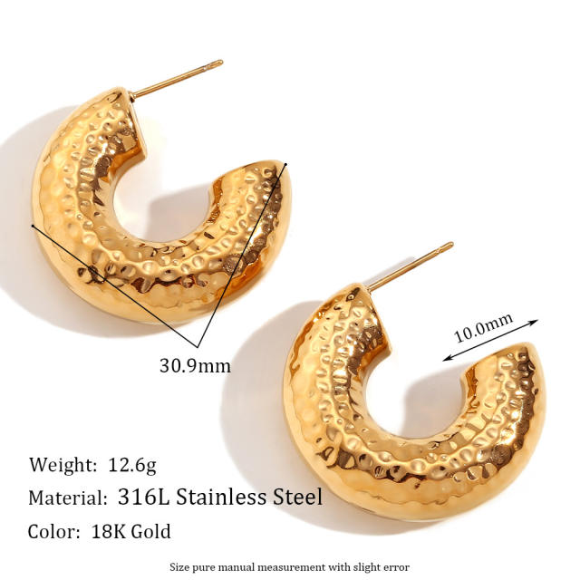 18KG chunky bold craved pattern stainless steel hoop earrings