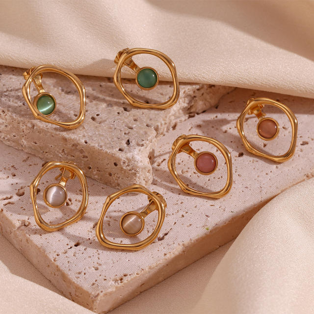 Colorful opal stone statement geometric circle stainless steel earrings jacket earrings