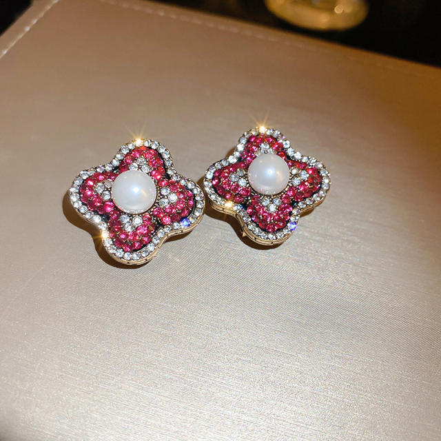 Chic rose red rhinestone statement pearl studs earrings