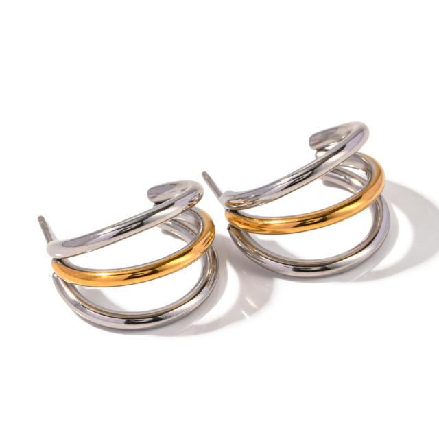 Personality two tone stainless steel chunky earrings