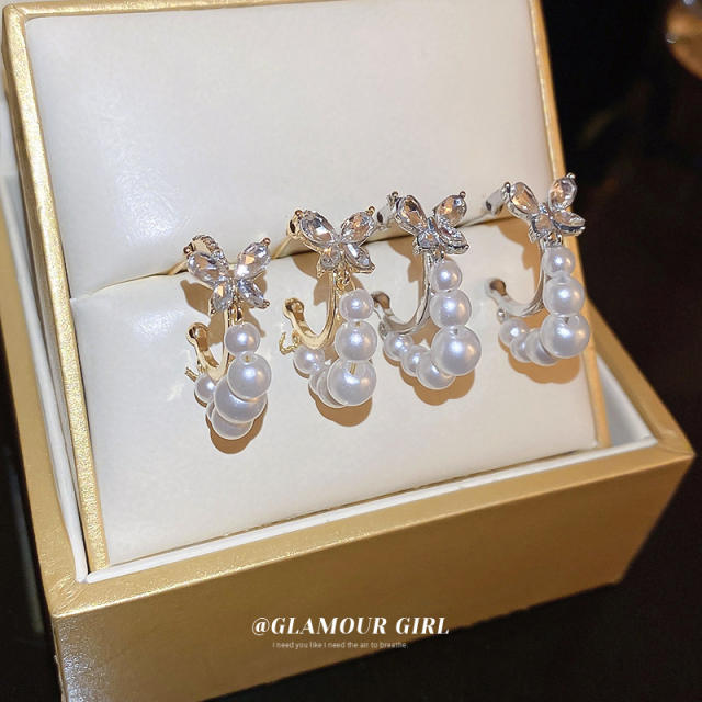 Elegant pearl bead diamond butterfly small hoop earrings