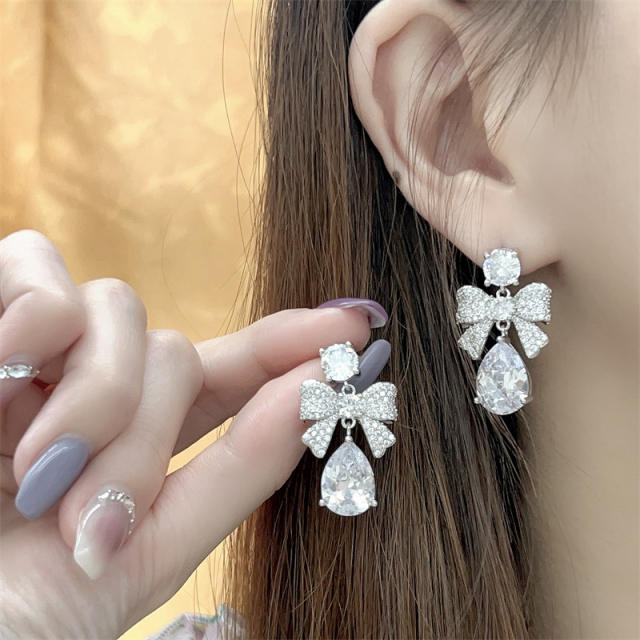 Luxury diamond bow tear drop women earrings
