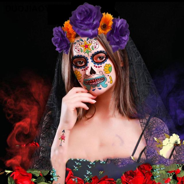 Halloween Día de Muertos fabric flower headband with black veil