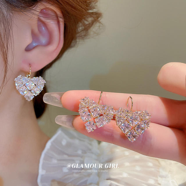 Delicate pink white cubic zircon heart earrings for women