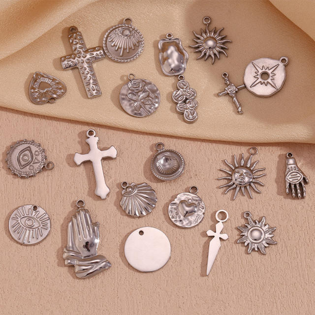 Silver color vintage sun cross pray hand coin stainless steel pendant DIY