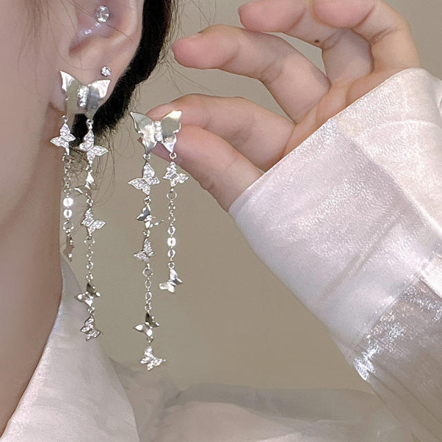 Silver color rhinestone butterfly dangle earrings for women