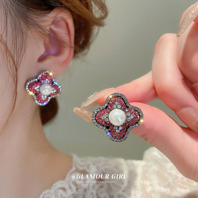 Chic rose red rhinestone statement pearl studs earrings